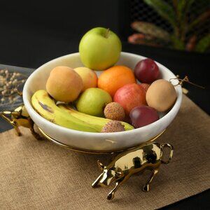 Artreestry Handcrafted Marble Bowl White with Buffalo Brass Metal